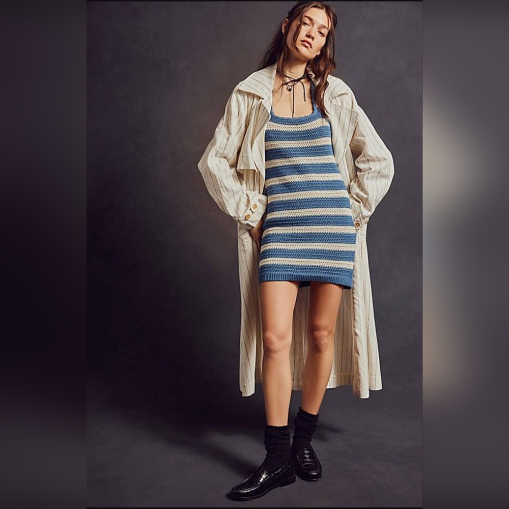 Free People Melia Mac Linen Duster Trench Coat Womens L White Tan Pinstripe